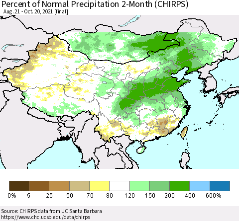 China, Mongolia and Taiwan Percent of Normal Precipitation 2-Month (CHIRPS) Thematic Map For 8/21/2021 - 10/20/2021