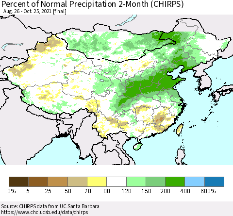 China, Mongolia and Taiwan Percent of Normal Precipitation 2-Month (CHIRPS) Thematic Map For 8/26/2021 - 10/25/2021