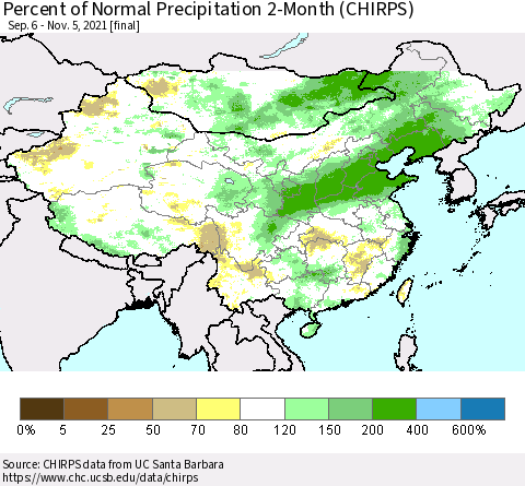 China, Mongolia and Taiwan Percent of Normal Precipitation 2-Month (CHIRPS) Thematic Map For 9/6/2021 - 11/5/2021
