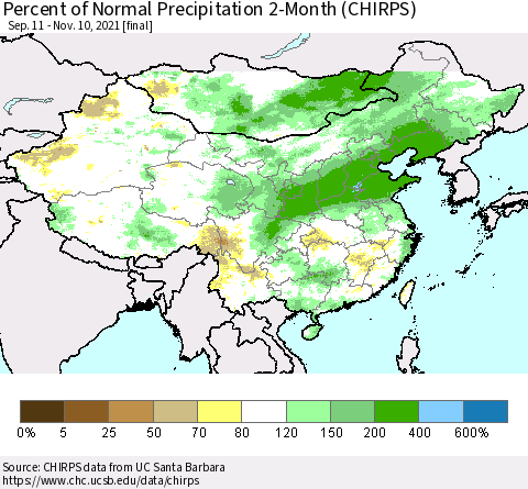 China, Mongolia and Taiwan Percent of Normal Precipitation 2-Month (CHIRPS) Thematic Map For 9/11/2021 - 11/10/2021