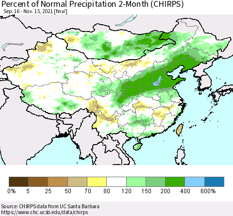 China, Mongolia and Taiwan Percent of Normal Precipitation 2-Month (CHIRPS) Thematic Map For 9/16/2021 - 11/15/2021