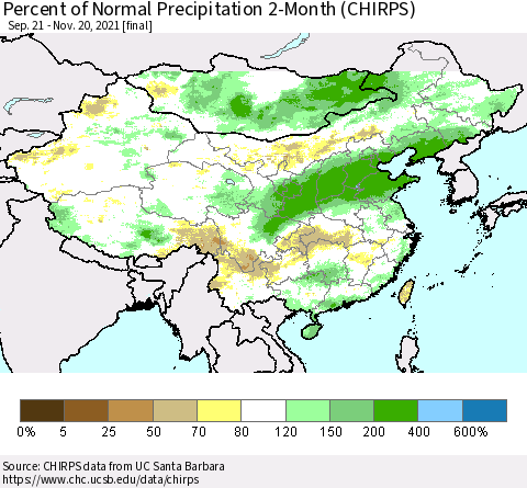 China, Mongolia and Taiwan Percent of Normal Precipitation 2-Month (CHIRPS) Thematic Map For 9/21/2021 - 11/20/2021