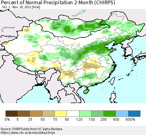 China, Mongolia and Taiwan Percent of Normal Precipitation 2-Month (CHIRPS) Thematic Map For 10/1/2021 - 11/30/2021