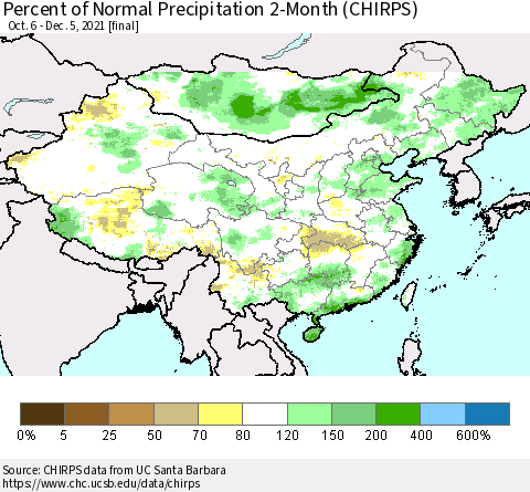 China, Mongolia and Taiwan Percent of Normal Precipitation 2-Month (CHIRPS) Thematic Map For 10/6/2021 - 12/5/2021