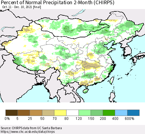 China, Mongolia and Taiwan Percent of Normal Precipitation 2-Month (CHIRPS) Thematic Map For 10/11/2021 - 12/10/2021