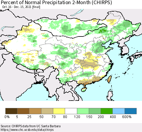 China, Mongolia and Taiwan Percent of Normal Precipitation 2-Month (CHIRPS) Thematic Map For 10/16/2021 - 12/15/2021