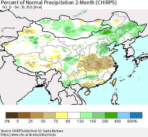 China, Mongolia and Taiwan Percent of Normal Precipitation 2-Month (CHIRPS) Thematic Map For 10/21/2021 - 12/20/2021