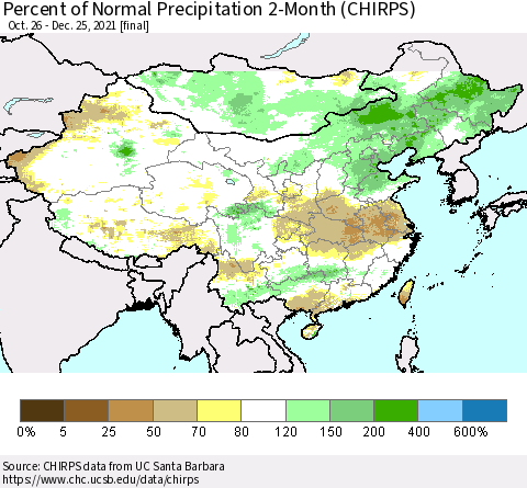 China, Mongolia and Taiwan Percent of Normal Precipitation 2-Month (CHIRPS) Thematic Map For 10/26/2021 - 12/25/2021