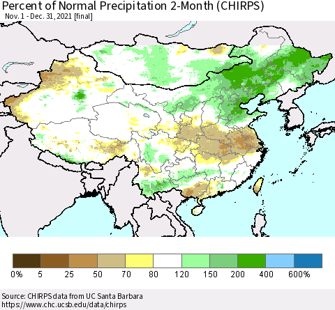 China, Mongolia and Taiwan Percent of Normal Precipitation 2-Month (CHIRPS) Thematic Map For 11/1/2021 - 12/31/2021