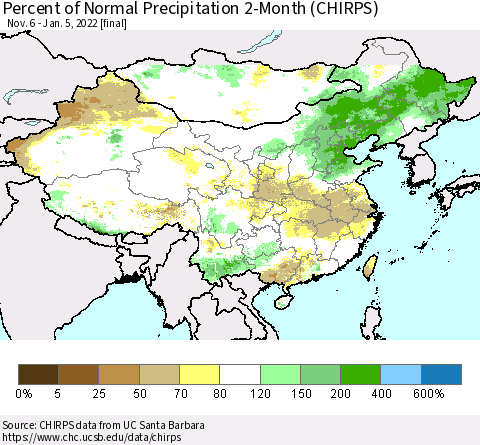China, Mongolia and Taiwan Percent of Normal Precipitation 2-Month (CHIRPS) Thematic Map For 11/6/2021 - 1/5/2022