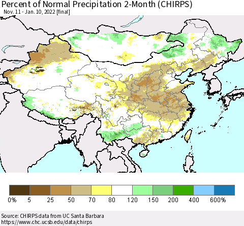 China, Mongolia and Taiwan Percent of Normal Precipitation 2-Month (CHIRPS) Thematic Map For 11/11/2021 - 1/10/2022