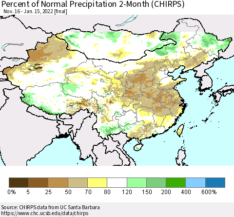 China, Mongolia and Taiwan Percent of Normal Precipitation 2-Month (CHIRPS) Thematic Map For 11/16/2021 - 1/15/2022