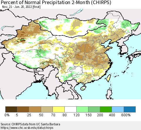 China, Mongolia and Taiwan Percent of Normal Precipitation 2-Month (CHIRPS) Thematic Map For 11/21/2021 - 1/20/2022