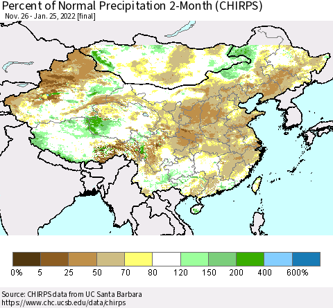 China, Mongolia and Taiwan Percent of Normal Precipitation 2-Month (CHIRPS) Thematic Map For 11/26/2021 - 1/25/2022