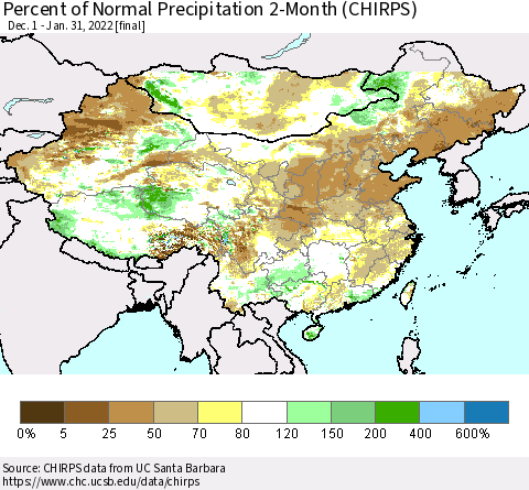 China, Mongolia and Taiwan Percent of Normal Precipitation 2-Month (CHIRPS) Thematic Map For 12/1/2021 - 1/31/2022