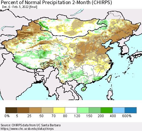 China, Mongolia and Taiwan Percent of Normal Precipitation 2-Month (CHIRPS) Thematic Map For 12/6/2021 - 2/5/2022
