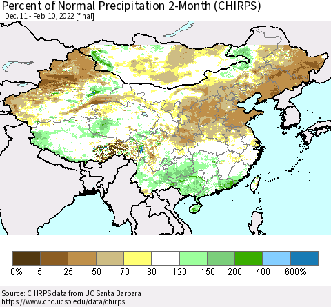 China, Mongolia and Taiwan Percent of Normal Precipitation 2-Month (CHIRPS) Thematic Map For 12/11/2021 - 2/10/2022