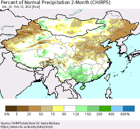 China, Mongolia and Taiwan Percent of Normal Precipitation 2-Month (CHIRPS) Thematic Map For 12/16/2021 - 2/15/2022