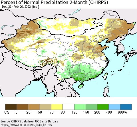China, Mongolia and Taiwan Percent of Normal Precipitation 2-Month (CHIRPS) Thematic Map For 12/21/2021 - 2/20/2022