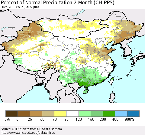 China, Mongolia and Taiwan Percent of Normal Precipitation 2-Month (CHIRPS) Thematic Map For 12/26/2021 - 2/25/2022