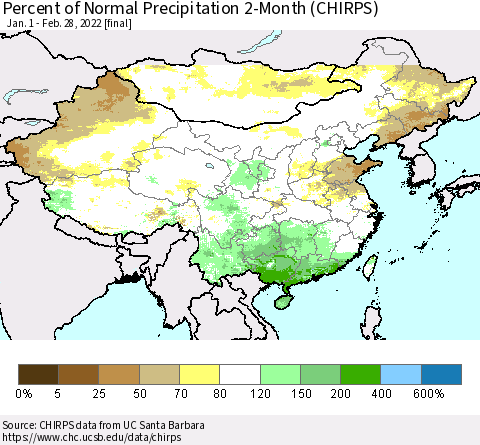 China, Mongolia and Taiwan Percent of Normal Precipitation 2-Month (CHIRPS) Thematic Map For 1/1/2022 - 2/28/2022
