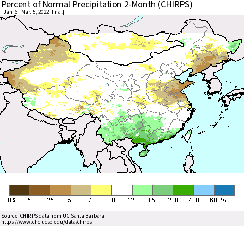 China, Mongolia and Taiwan Percent of Normal Precipitation 2-Month (CHIRPS) Thematic Map For 1/6/2022 - 3/5/2022