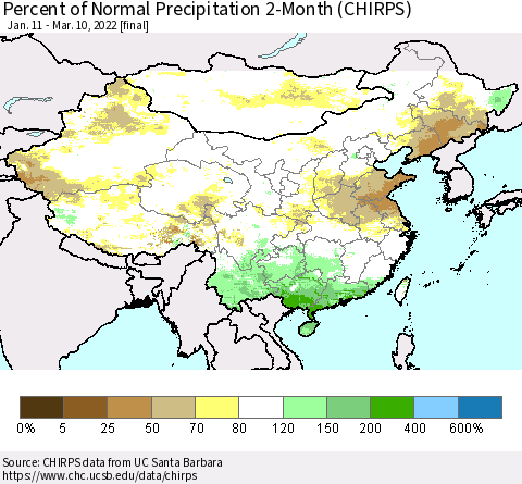 China, Mongolia and Taiwan Percent of Normal Precipitation 2-Month (CHIRPS) Thematic Map For 1/11/2022 - 3/10/2022