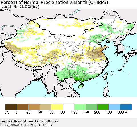 China, Mongolia and Taiwan Percent of Normal Precipitation 2-Month (CHIRPS) Thematic Map For 1/16/2022 - 3/15/2022