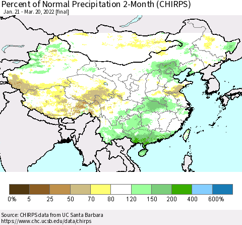 China, Mongolia and Taiwan Percent of Normal Precipitation 2-Month (CHIRPS) Thematic Map For 1/21/2022 - 3/20/2022