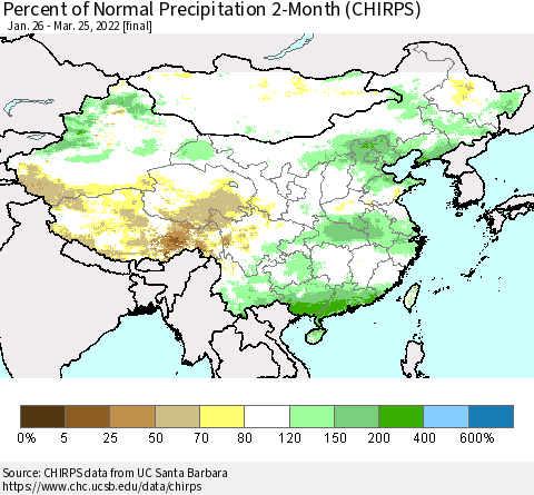 China, Mongolia and Taiwan Percent of Normal Precipitation 2-Month (CHIRPS) Thematic Map For 1/26/2022 - 3/25/2022