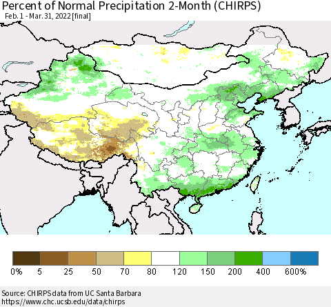 China, Mongolia and Taiwan Percent of Normal Precipitation 2-Month (CHIRPS) Thematic Map For 2/1/2022 - 3/31/2022