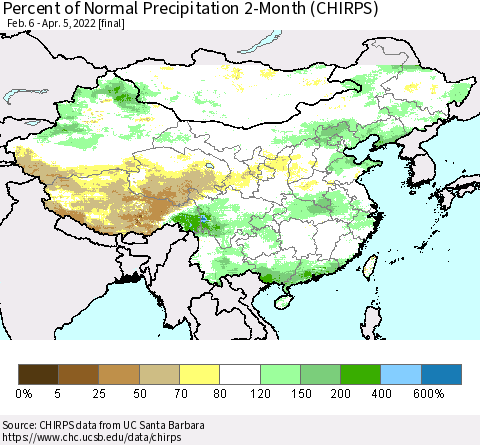 China, Mongolia and Taiwan Percent of Normal Precipitation 2-Month (CHIRPS) Thematic Map For 2/6/2022 - 4/5/2022