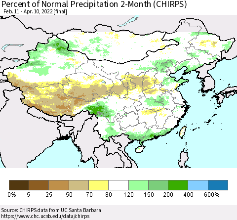 China, Mongolia and Taiwan Percent of Normal Precipitation 2-Month (CHIRPS) Thematic Map For 2/11/2022 - 4/10/2022