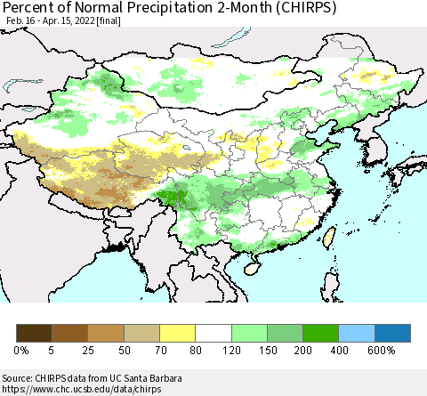 China, Mongolia and Taiwan Percent of Normal Precipitation 2-Month (CHIRPS) Thematic Map For 2/16/2022 - 4/15/2022
