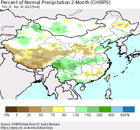 China, Mongolia and Taiwan Percent of Normal Precipitation 2-Month (CHIRPS) Thematic Map For 2/21/2022 - 4/20/2022