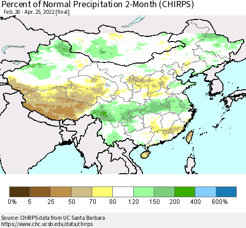 China, Mongolia and Taiwan Percent of Normal Precipitation 2-Month (CHIRPS) Thematic Map For 2/26/2022 - 4/25/2022