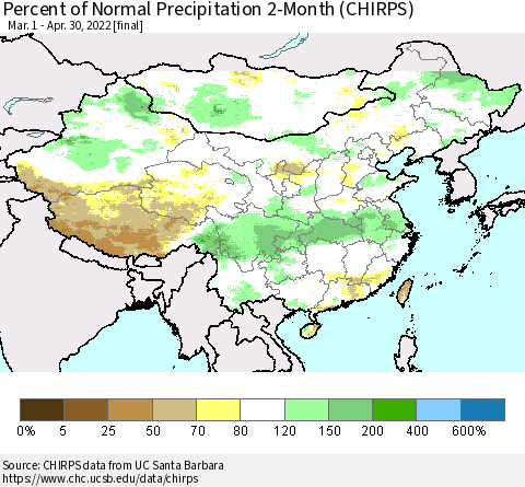 China, Mongolia and Taiwan Percent of Normal Precipitation 2-Month (CHIRPS) Thematic Map For 3/1/2022 - 4/30/2022