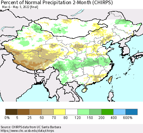 China, Mongolia and Taiwan Percent of Normal Precipitation 2-Month (CHIRPS) Thematic Map For 3/6/2022 - 5/5/2022
