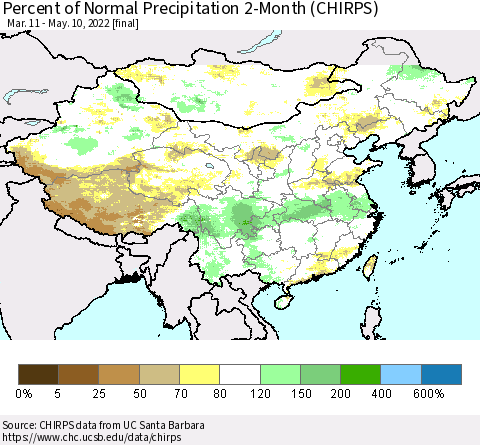 China, Mongolia and Taiwan Percent of Normal Precipitation 2-Month (CHIRPS) Thematic Map For 3/11/2022 - 5/10/2022