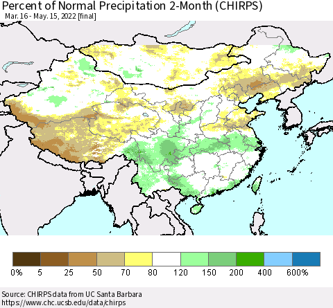 China, Mongolia and Taiwan Percent of Normal Precipitation 2-Month (CHIRPS) Thematic Map For 3/16/2022 - 5/15/2022