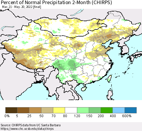 China, Mongolia and Taiwan Percent of Normal Precipitation 2-Month (CHIRPS) Thematic Map For 3/21/2022 - 5/20/2022