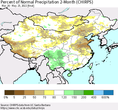 China, Mongolia and Taiwan Percent of Normal Precipitation 2-Month (CHIRPS) Thematic Map For 3/26/2022 - 5/25/2022