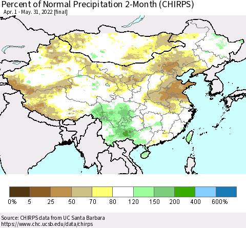 China, Mongolia and Taiwan Percent of Normal Precipitation 2-Month (CHIRPS) Thematic Map For 4/1/2022 - 5/31/2022