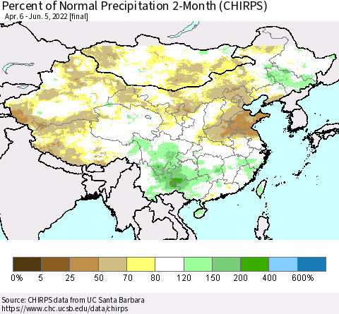 China, Mongolia and Taiwan Percent of Normal Precipitation 2-Month (CHIRPS) Thematic Map For 4/6/2022 - 6/5/2022