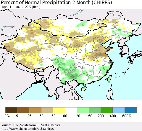 China, Mongolia and Taiwan Percent of Normal Precipitation 2-Month (CHIRPS) Thematic Map For 4/11/2022 - 6/10/2022