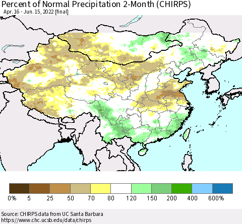 China, Mongolia and Taiwan Percent of Normal Precipitation 2-Month (CHIRPS) Thematic Map For 4/16/2022 - 6/15/2022