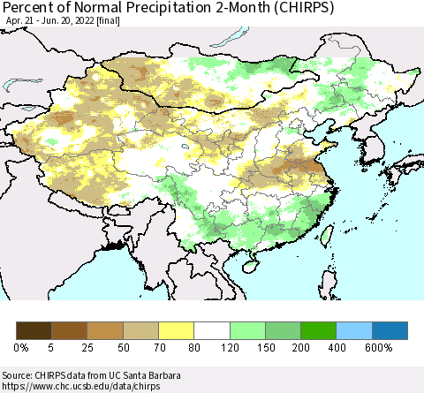 China, Mongolia and Taiwan Percent of Normal Precipitation 2-Month (CHIRPS) Thematic Map For 4/21/2022 - 6/20/2022