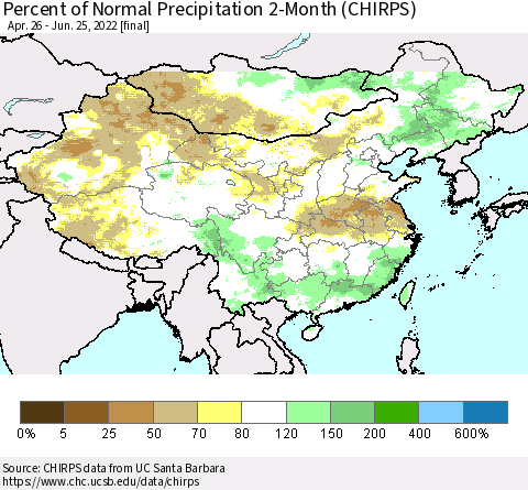 China, Mongolia and Taiwan Percent of Normal Precipitation 2-Month (CHIRPS) Thematic Map For 4/26/2022 - 6/25/2022