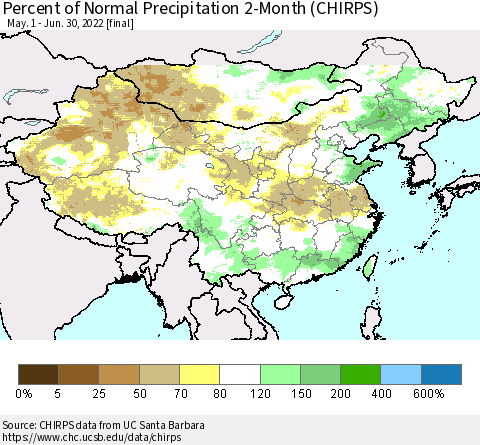 China, Mongolia and Taiwan Percent of Normal Precipitation 2-Month (CHIRPS) Thematic Map For 5/1/2022 - 6/30/2022