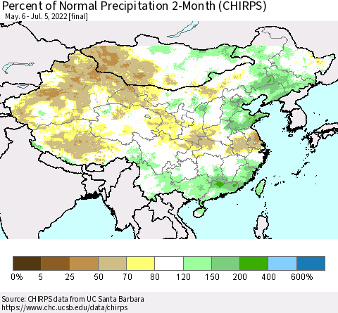 China, Mongolia and Taiwan Percent of Normal Precipitation 2-Month (CHIRPS) Thematic Map For 5/6/2022 - 7/5/2022